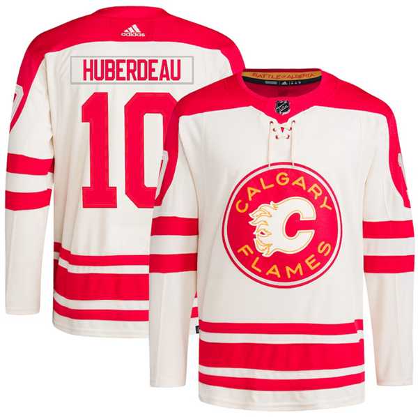 Men's Calgary Flames #10 Jonathan Huberdeau 2023 Cream Classic Primegreen Stitched Jersey Dzhi